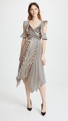 Self-Portrait Cut Out Pleated Stripe Satin Asymmetric Blush Midi Dress US 4 UK 8