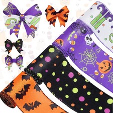 4 Rolls 20 Yards Halloween Wired Edge Ribbon Spider Web Printed Grosgrain Rib...