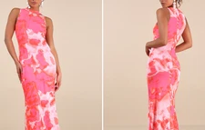 Lulus Telestia Hot Pink Abstract Mesh Mermaid Maxi Dress Size L NWT
