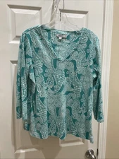 Chicos Womens Sz 2 Pull Over Gorgeous Blue White 3/4 sleeve Top Cute!