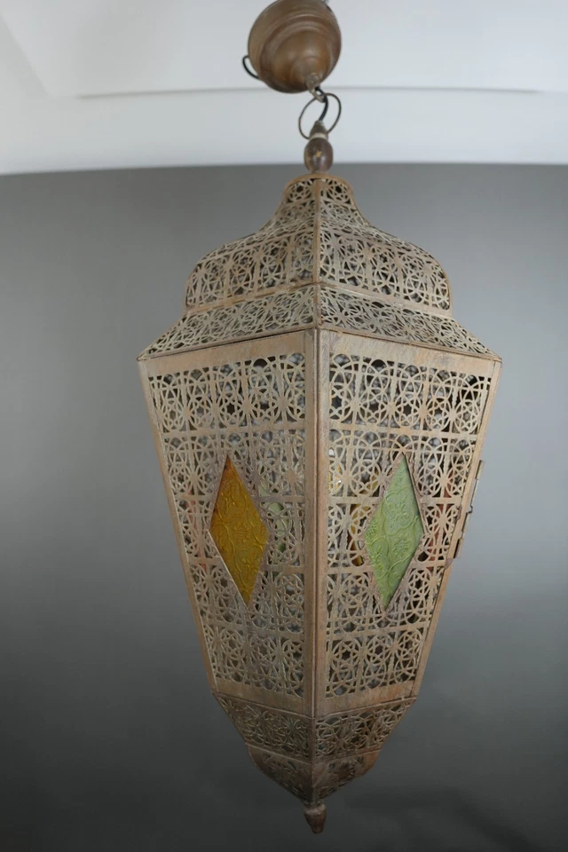 Antique Islamic Moorish Metal Handmade Pierced Filigree Lantern Pendant Lamp - Image 2 of 4