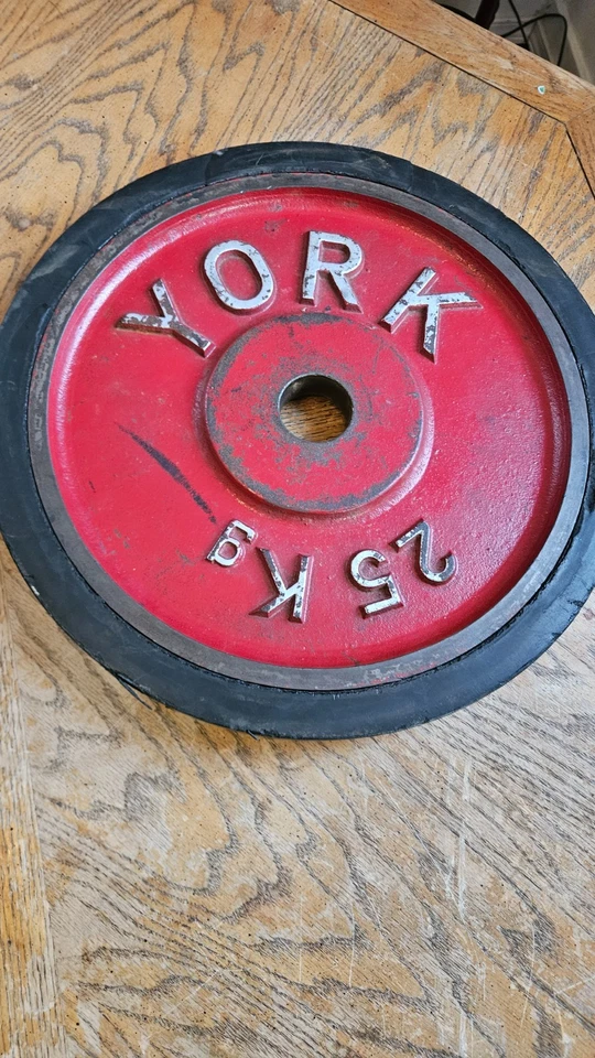 Juego de 2 Placas de Parachoques York De Colección 25 Kg Antiguo Hombre Fuerte Hierro Juego Raro Rojo Foto 3 de 4