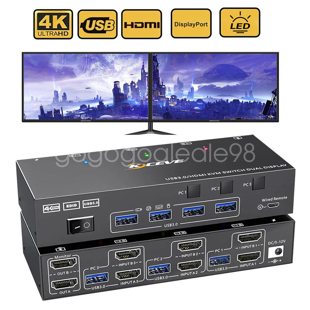 4K KVM HDMI Switch 4 USB 3.0 Port Dual Monitors 3 Computers HDMI 2.0 Adapter
