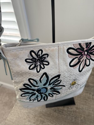 Vintage COACH White Floral Bee Duffle Crossbody Shoulder Bag