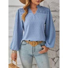 Ruched Swiss Dot Notched Balloon Sleeve T-Shirt