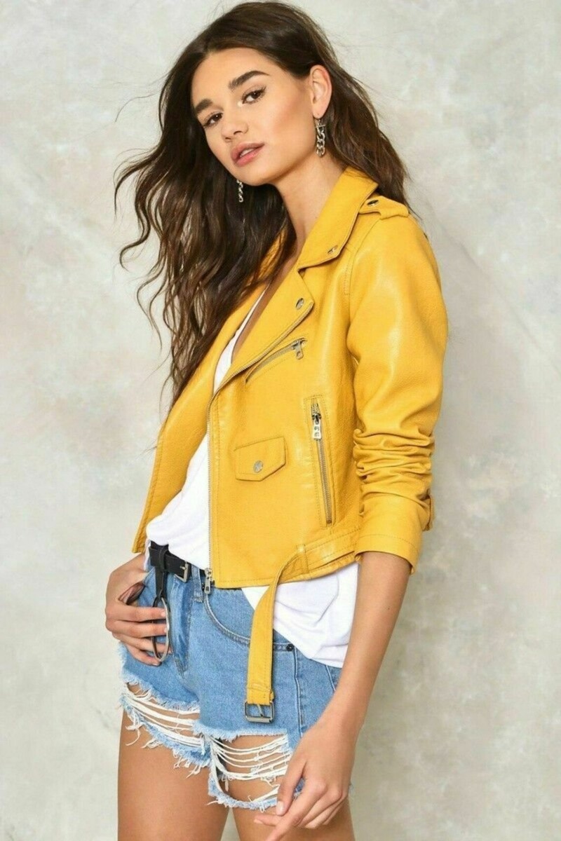 DESIGNER New Women's Yellow Leather Jacket 100% Real Lambskin Moto