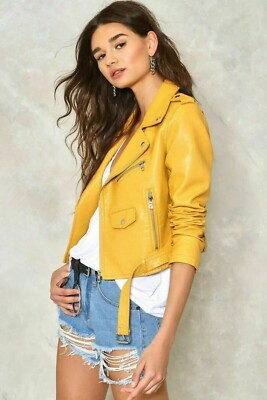 Biker Jacket Yellow Leather Top DESIGNER New Women's Yellow