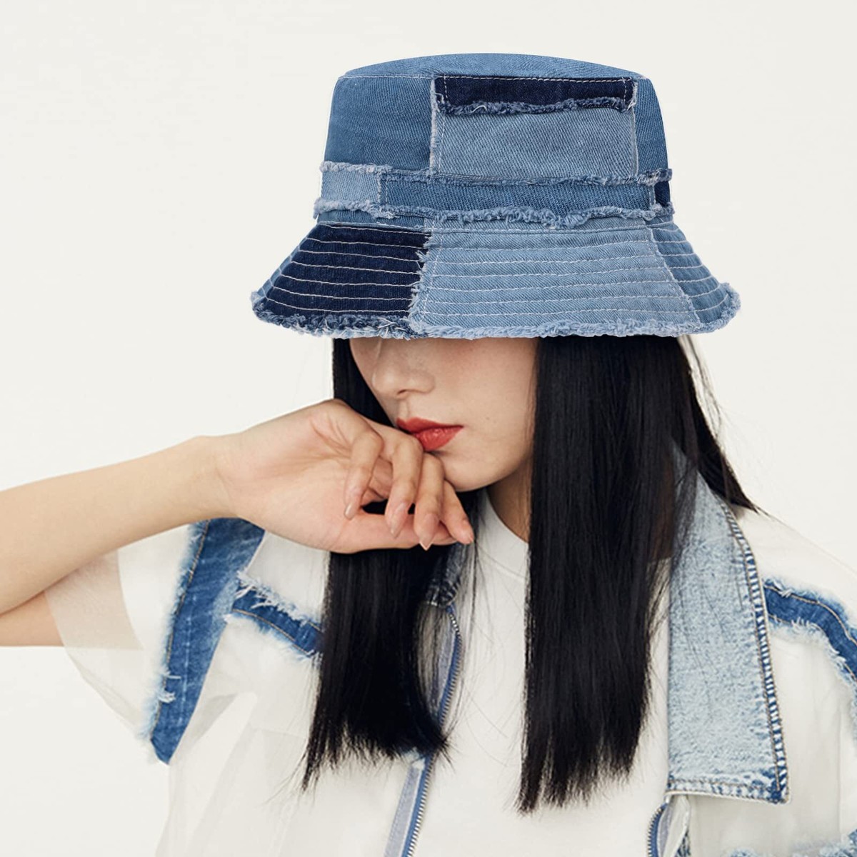 Bucket Hat Distressed Demin Hats Summer Beach Sun Protection  display picture 2