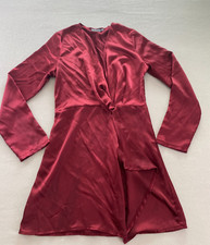 PrettyLittleThing Wrap Dress Womens Size 8 Burgundy Satin Long Sleeve Plunge