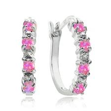 Sterling Silver Created Pink Opal and Diamond Accent Hoop Earrings