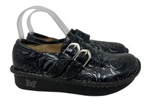 Alegria Black Rose Pattern Leather Slip-On Shoes With Double Buckle Size 7/7.5