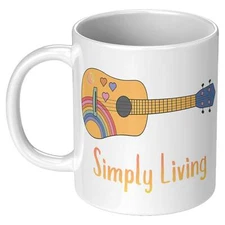 Simply Living Peace Rainbow Guitar 11 oz Mug, Guitar Lover Gift, Music Lover Gif