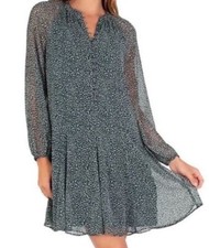 Joie Green White Dot Printed Front Button Long Sleeve A-Line Shift Dress Sz M