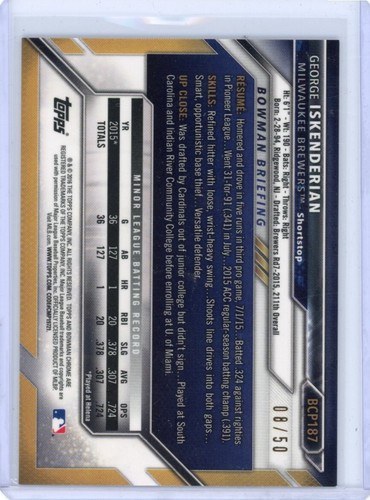 2016 Bowman Chrome George Iskenderian #BCP187 GOLD 08/50 BREWERS - Picture 2 of 2