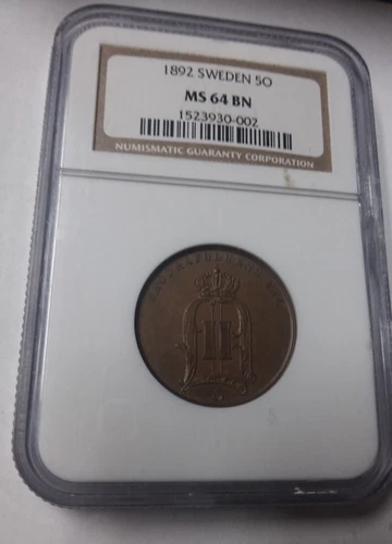 1892 Sweden 5 Öre NGC MS 64- Superb condition