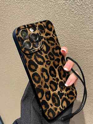 Leopard Print Anti Fall Phone Case with Lanyard Strap for iPhone Galaxy Redmi