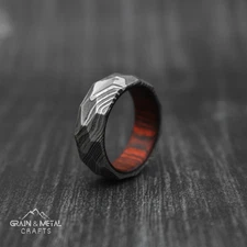 Rock Hammered Damascus Steel Ring Wood Inlay Men Wedding Band, Engagement Ring