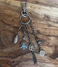 The Sak Purse Handbag 4 Charms Antique Nickel Metal Key Chain Boho Peace Sign