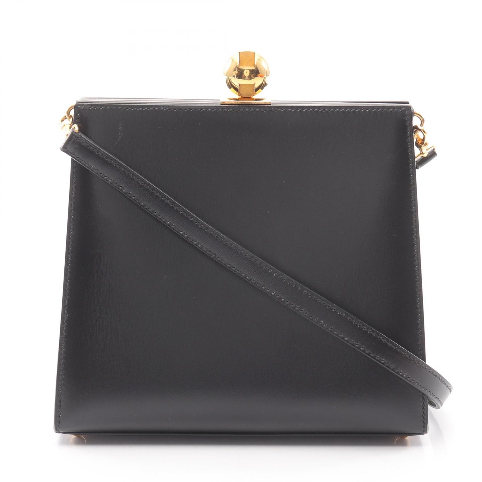 HERMES Vintage Kiss-lock Shoulder Bag Box calf leather Calfskin Black GHW Used Y