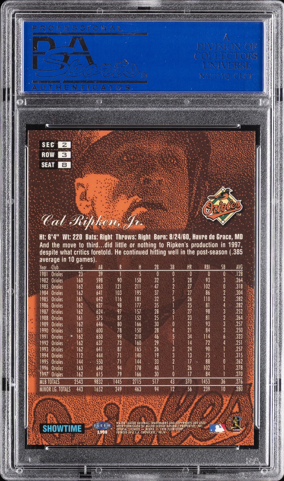 1998 FLAIR SHOWCASE ROW 3 #8 CAL RIPKEN JR. PSA 10 view 2