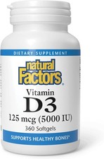 Natural Factors, Vitamin D3 5000 IU 125 mcg , Supports 360 Count Pack of 1 