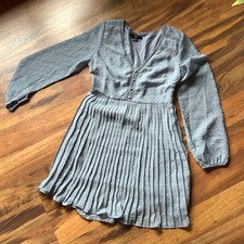 Lulus Small Poetic Love Dusty Blue Long Sleeve Tufted Dot Pleated Skirt Dress