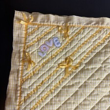 Vintage 70s Baby Crib Quilt Blanket Yellow/White Gingham Bows Ribbon LOVE Patch