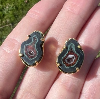 Mexican Tabasco Dark Geode Earrings   22K Gold Plated 925 Sterling Silver Studs