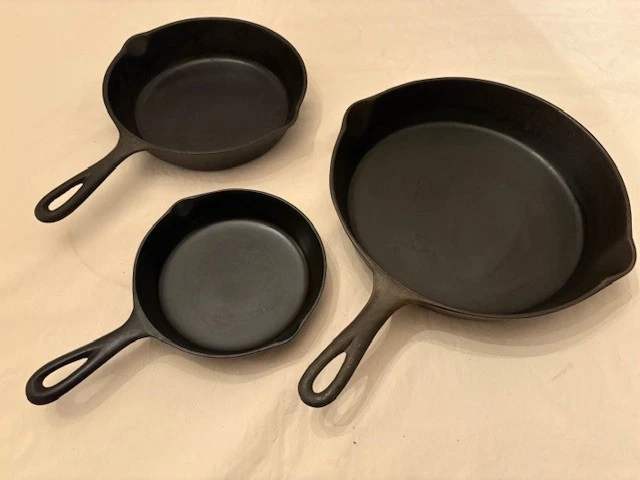 Vintage - Lodge 3 Pieces Cast Iron Skillets Set -3 Notch, (No. 3, 5, 8 )