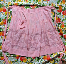 Vintage pink  white checkerboard apron with black embroidery