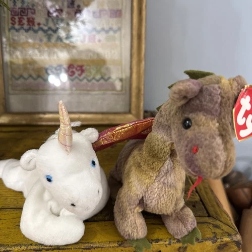 VTG 90s Ty Beanie Babies Mystic Unicorn No tag & Scorch The Dragon -Tag Fantasy