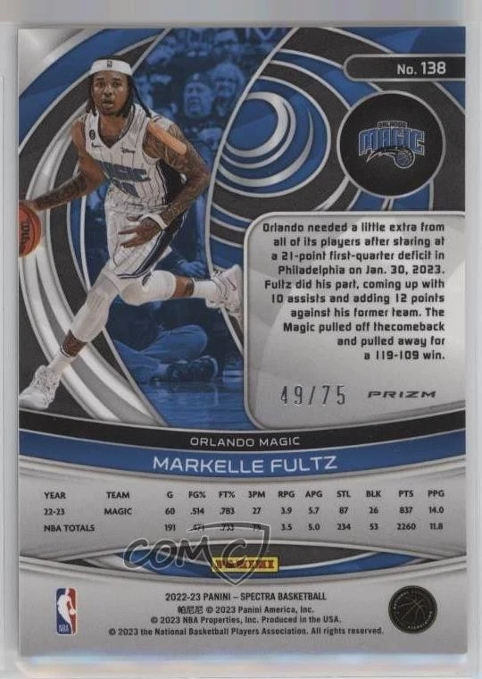 2022-23 Panini Spectra Asia Red & Yellow Prizm /75 Markelle Fultz #138 - Image 2 of 2