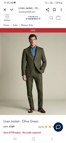 CHARLES TYRWHITT 100% LINEN BLAZER JACKET, OLIVE GREEN, SLIM FIT, SIZE 40L, NEW - Picture 6 of 8