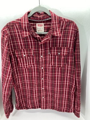 Levi's Shirt Mens M Red Plaid Snap Front Long Sleeve Pocket Logo Classic Modern