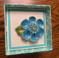 Blue enamel and rhinestone floral brooch, flower brooch, rhinestone brooch
