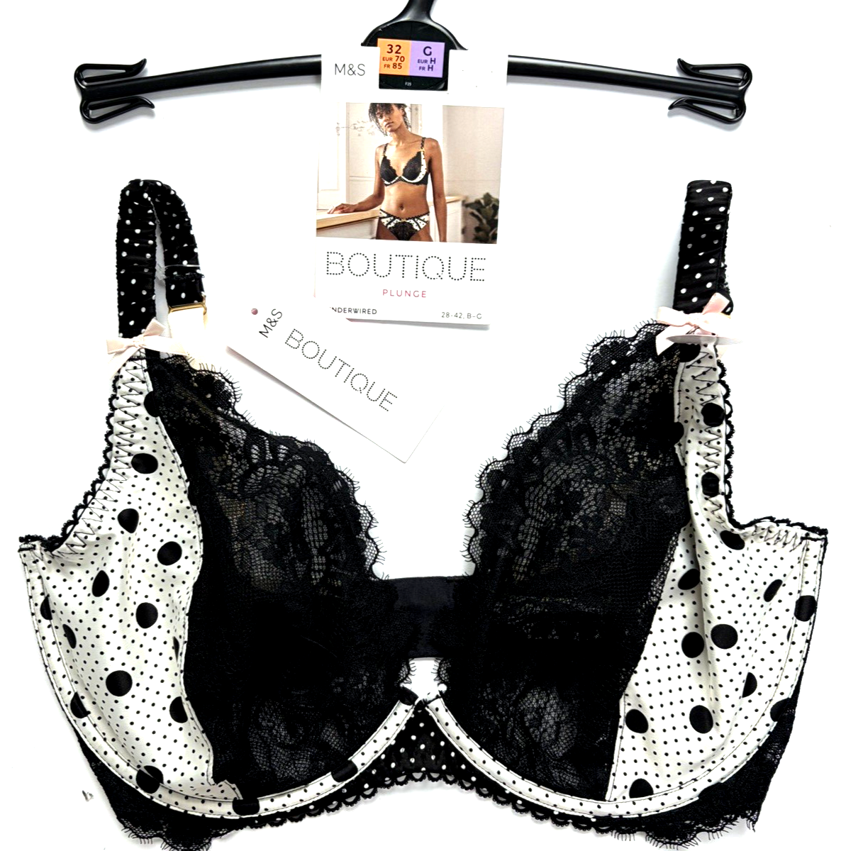 NWT Marks & Spencer Boutique Underwired Satin Plunge Bra 32G Black /Cream Mix