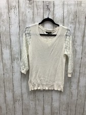 Ann Taylor Cream Cotton Floral Crochet Sleeve Knit Sweater Size Medium 0415-118
