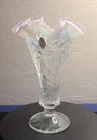 7" Fenton Art Glass Clear French Opalescent Pink Crest Daffodil Trumpet Vase