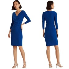 EUC Ralph Lauren Faux-Wrap Jersey Sheath Midi Dress Pleated Blue Size 14 Bodycon