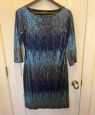 Karen Kane Sequin Ombre Sheath Dress Scoop Neck 3/4 Sleeve Knee M Blue/Black