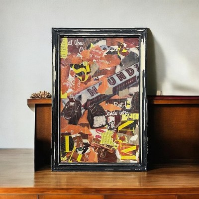 Original Framed Mixed Media Abstract Art Collage 9x13 ''1960s Mounds Candy Bar''