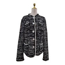 Rena Lange Women's Black White Boucl  Knit Sweater Jacket Large Button XL
