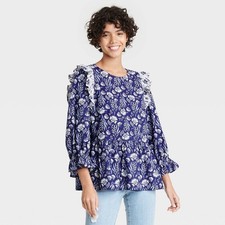 Universal Thread Womens Floral Puff Sleeve Ruffle Top Blue Size XXL NWT