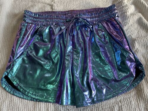 Womens Large Iridescent Shiny Purple Metallic Sporty Shorts Elastic waist Pocket