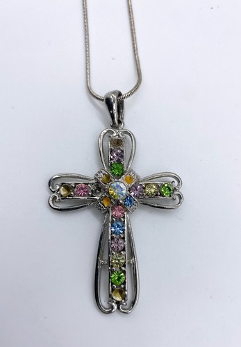 colorful rhinestone Cross pendant necklace brushed antique silver - Picture 3 of 8