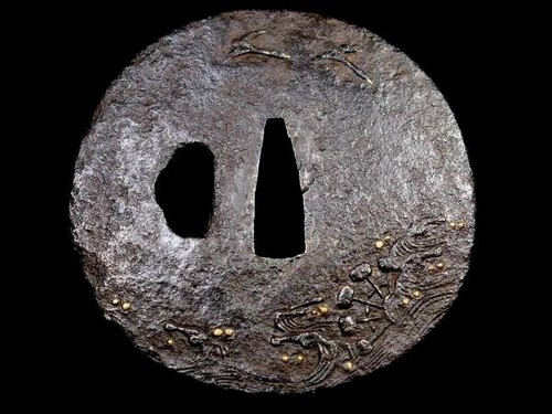 TSUBA Waves Waterwheel Gold Inlay Japanese Iron Sword Guard Edo Antique *No Box - Picture 5 of 6