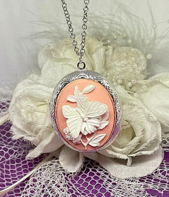 Butterfly Pink Cameo Silver Large Locket Necklace Wedding - Main Image