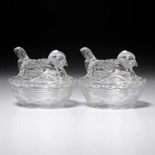 Two (2) Vtg Clear Glass Bird Robin Lidded Candy Apothecary Jar Dish Bowls