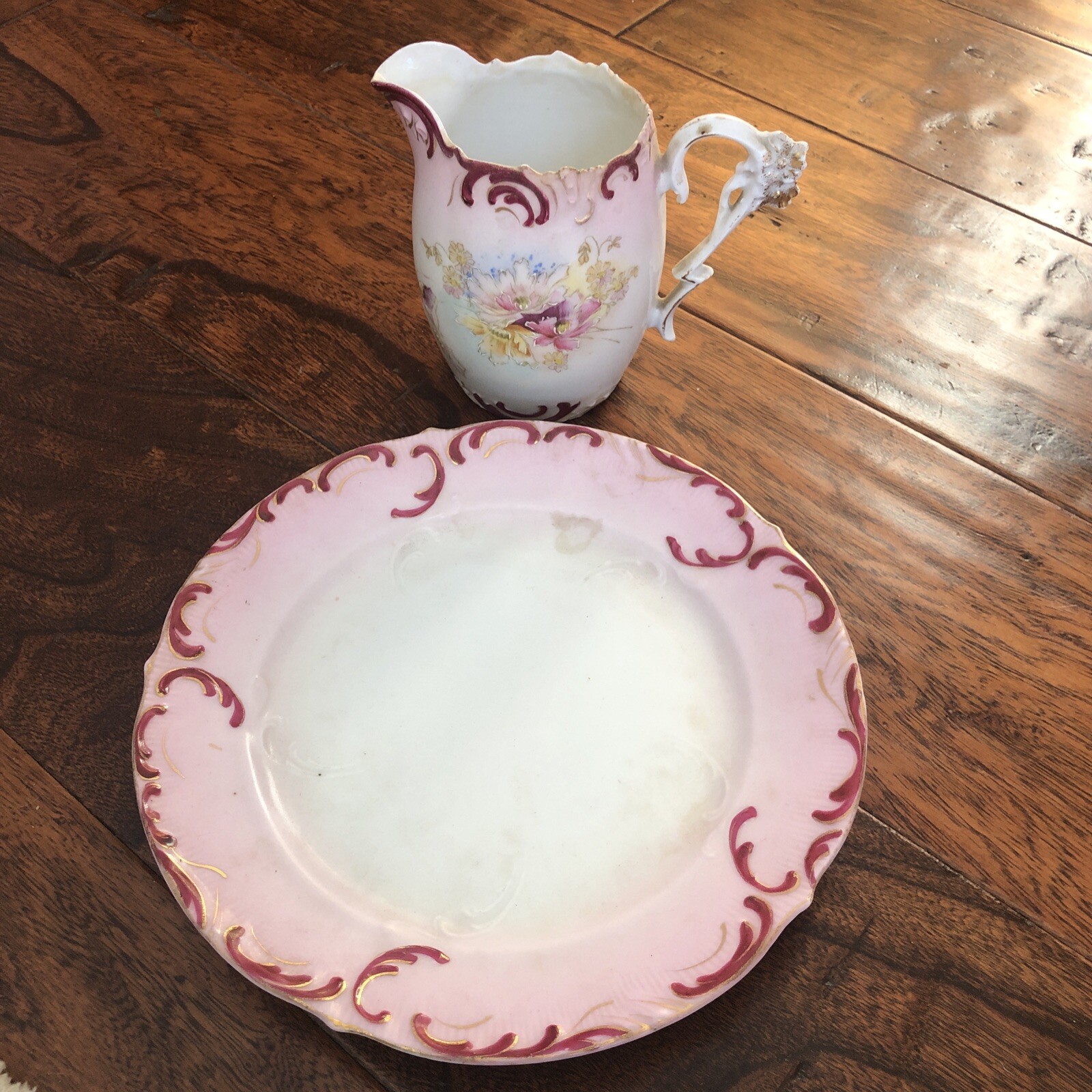 Antique RS Prussia 1880s-1917 Floral Creamer Pitcher & Lidless Sugar Bowl Set