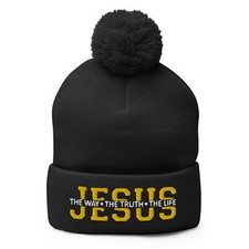Jesus The Way The Truth The Life Embroidered Pom-Pom Beanie, Christian Beanie